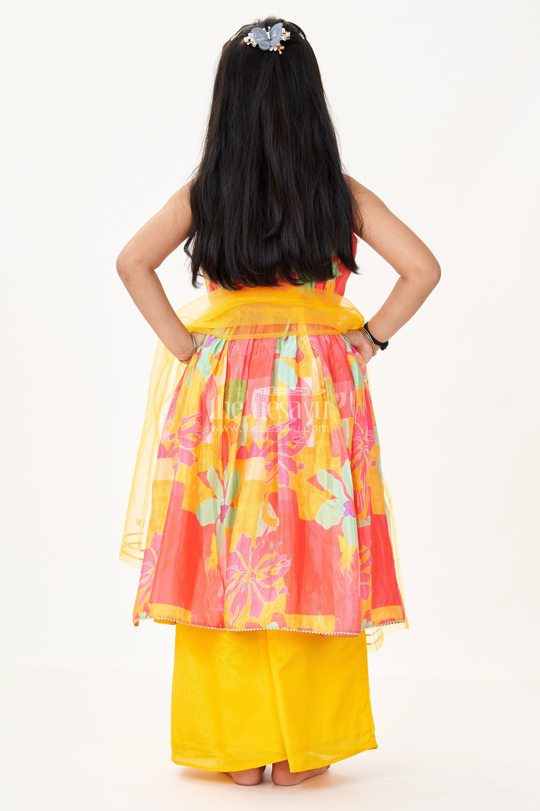 The Nesavu Girls Sharara / Plazo Set Girls Peplum Top with Sharara in Vibrant Georgette Digital Print and Sequin Embroidery Nesavu Peplum Top Sharara Set Girls Floral Georgette Sequin Embroidery | The Nesavu