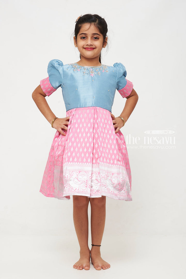 The Nesavu Silk Frock Girls Pink and Blue Silk Frock with Banarasi Motifs and Puff Sleeves in Traditional Silky Frock Appeal Nesavu 16 (1Y) / Pink SF780A-16 Nesavu Girls Silk Frock Banarasi Pink Blue Embroidered Neckline silky frock