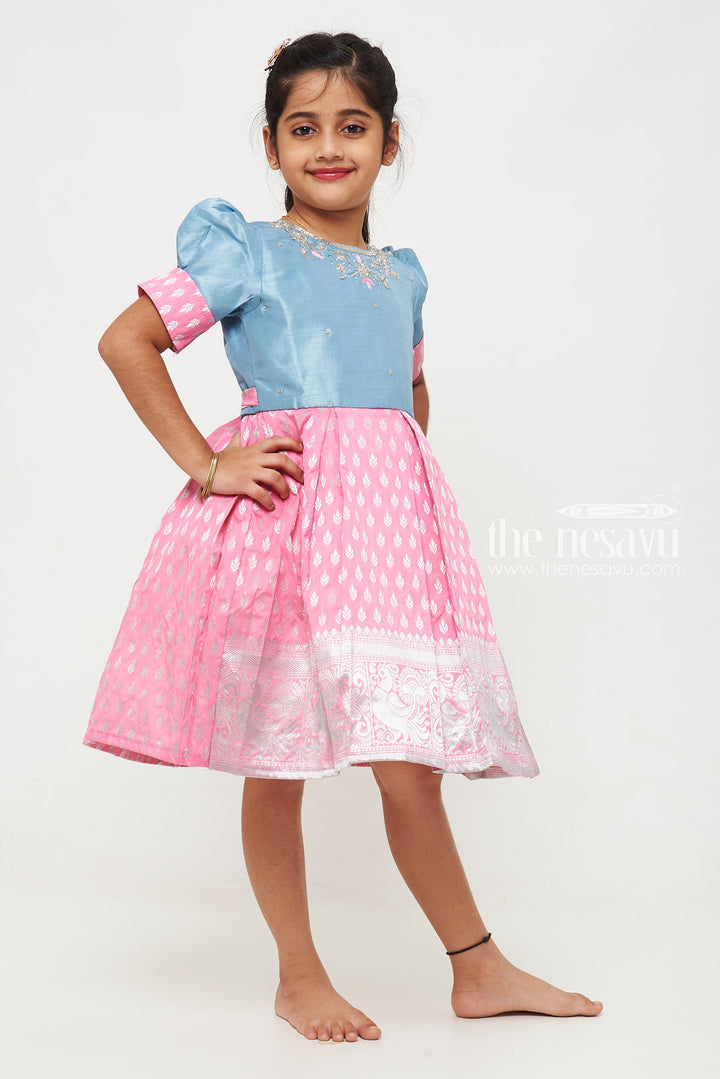 The Nesavu Silk Frock Girls Pink and Blue Silk Frock with Banarasi Motifs and Puff Sleeves in Traditional Silky Frock Appeal Nesavu Nesavu Girls Silk Frock Banarasi Pink Blue Embroidered Neckline silky frock