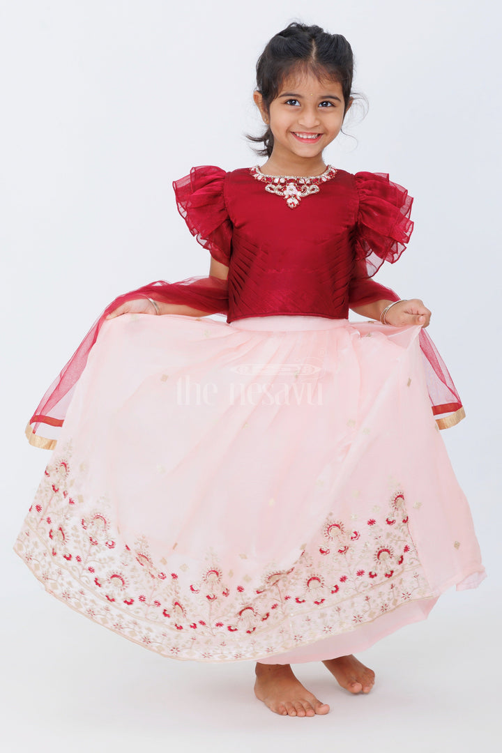 The Nesavu Girls Lehenga Choli Girls Pink and Burgundy Organza Embroidered Lehenga Choli with Puff Sleeves and Golden Floral Accents Nesavu 16 (1Y) / Pink GL518A-16 Nesavu Girls Pink Organza Embroidered Lehenga Choli Burgundy Puff Sleeve Blouse Weddings