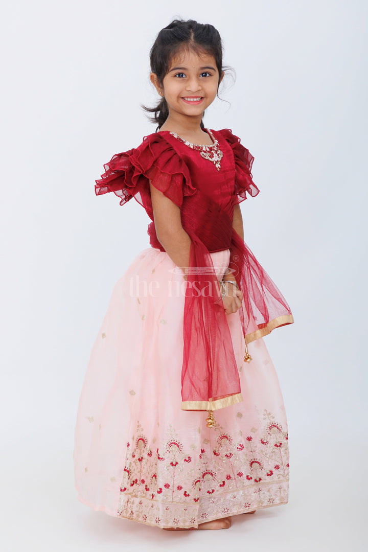 The Nesavu Girls Lehenga Choli Girls Pink and Burgundy Organza Embroidered Lehenga Choli with Puff Sleeves and Golden Floral Accents Nesavu Nesavu Girls Pink Organza Embroidered Lehenga Choli Burgundy Puff Sleeve Blouse Weddings