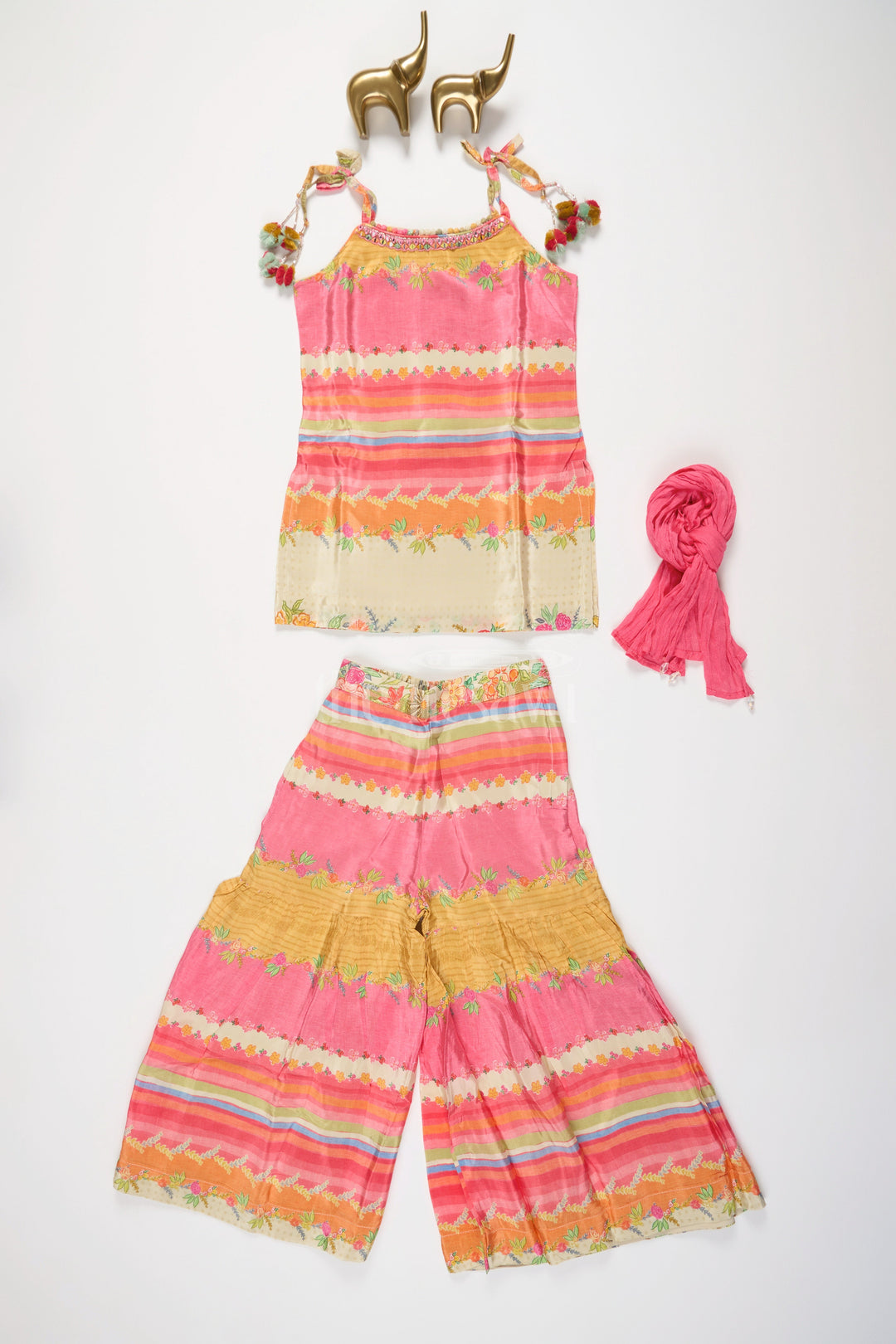 The Nesavu Girls Sharara / Plazo Set Girls Pink and Orange Gharara Set with Striped Top and Floral Embroidery Nesavu Nesavu Pink Orange Girls Gharara Set Striped Top Floral Embroidery Casual Occasions