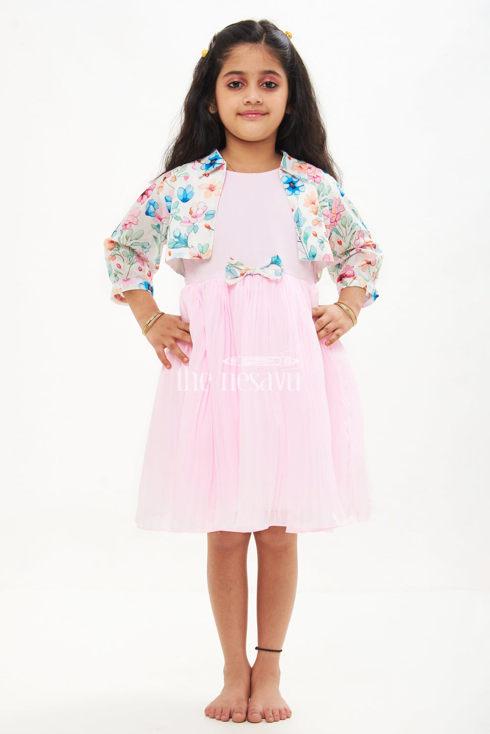 The Nesavu Girls Fancy Frock Girls Pink and Purple Fancy Frock with Pastel Floral Jacket and Ruffled Skirt Nesavu Nesavu Girls Pink Fancy Frock Floral Jacket Ruffles Birthday Parties Events