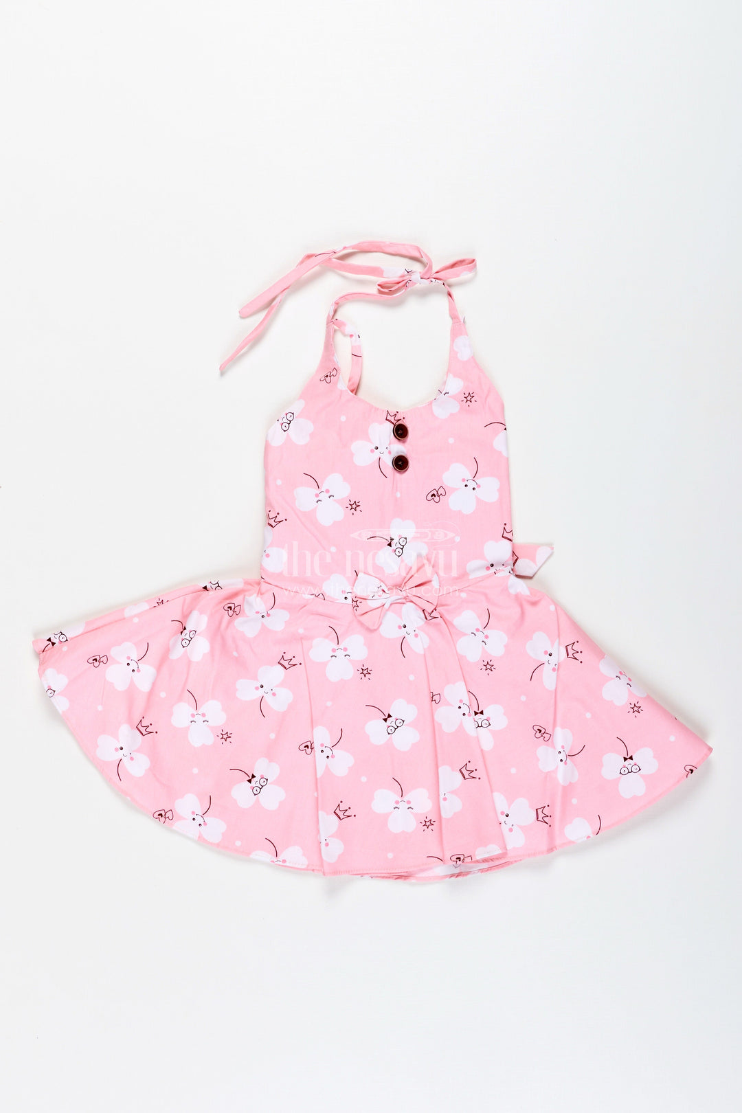 The Nesavu Girls Cotton Frock Girls Pink Cartoon Floral Frock with Bow and Pleats for Summer Outings Nesavu 16 (1Y) / Pink GFC1884A-16 Nesavu Pink Floral Cotton Frock Cartoon Prints Playful Sleeveless Dress Toddler Girls