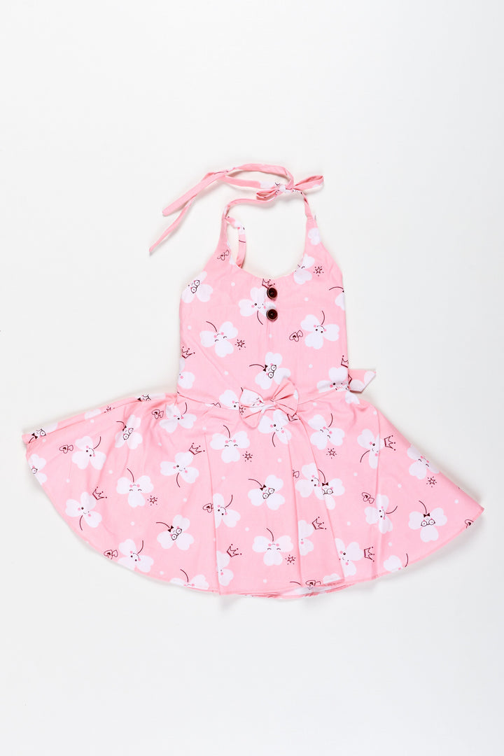 The Nesavu Girls Cotton Frock Girls Pink Cartoon Floral Frock with Bow and Pleats for Summer Outings Nesavu 16 (1Y) / Pink GFC1884A-16 Nesavu Pink Floral Cotton Frock Cartoon Prints Playful Sleeveless Dress Toddler Girls