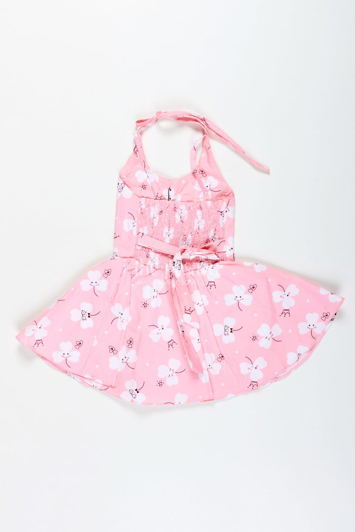 The Nesavu Girls Cotton Frock Girls Pink Cartoon Floral Frock with Bow and Pleats for Summer Outings Nesavu Nesavu Pink Floral Cotton Frock Cartoon Prints Playful Sleeveless Dress Toddler Girls