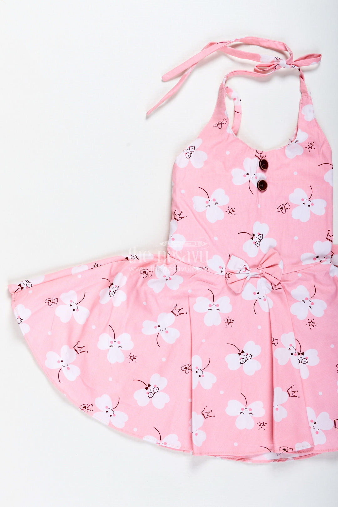 The Nesavu Girls Cotton Frock Girls Pink Cartoon Floral Frock with Bow and Pleats for Summer Outings Nesavu Nesavu Pink Floral Cotton Frock Cartoon Prints Playful Sleeveless Dress Toddler Girls