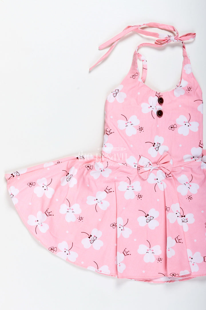 The Nesavu Girls Cotton Frock Girls Pink Cartoon Floral Frock with Bow and Pleats for Summer Outings Nesavu Nesavu Pink Floral Cotton Frock Cartoon Prints Playful Sleeveless Dress Toddler Girls