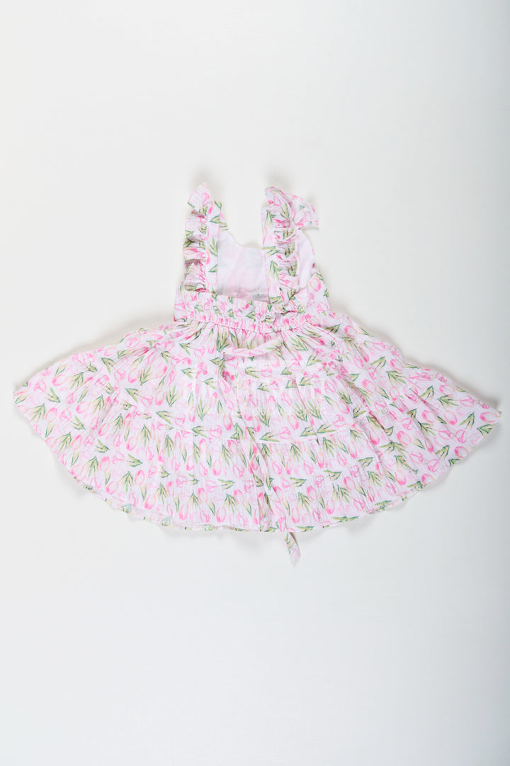 The Nesavu Baby Cotton Frocks Girls Pink Casual Frock Dress with Floral Digital Print and Front Bow in Chiffon for Baby Wear Nesavu Girls Pink Chiffon Casual Frock Dress Floral Digital Print Satin Bow | The Nesavu