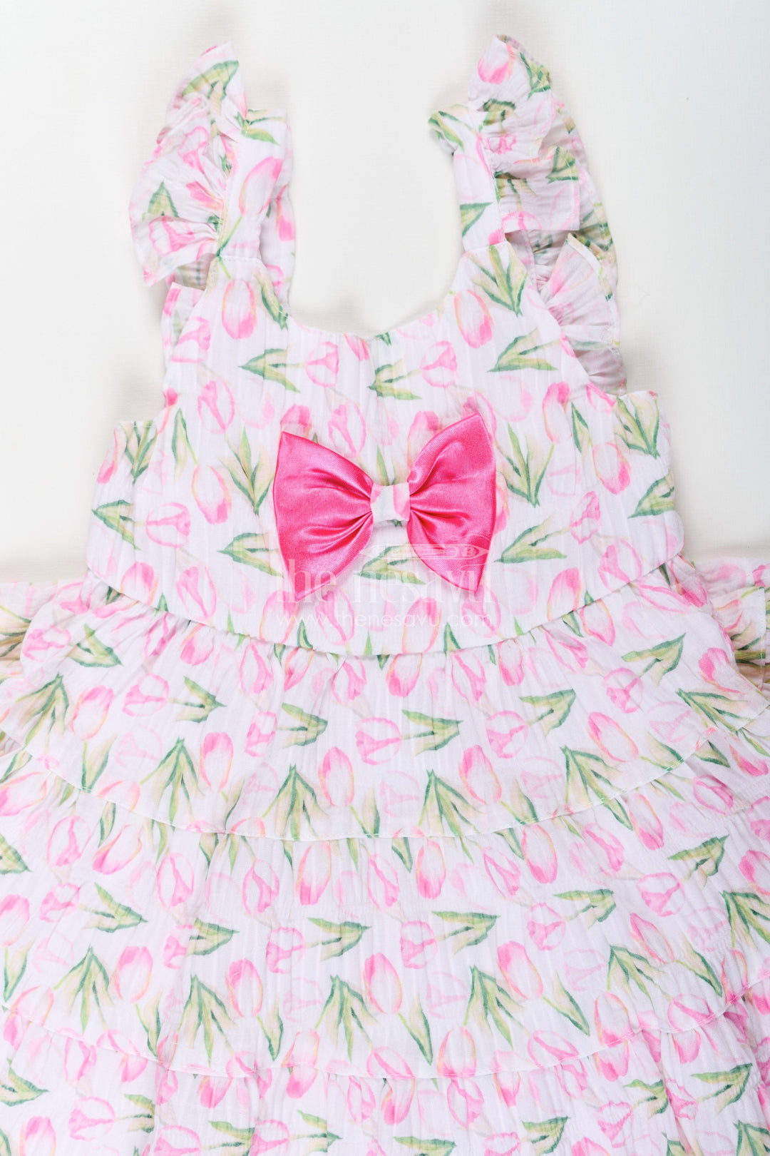 The Nesavu Baby Cotton Frocks Girls Pink Casual Frock Dress with Floral Digital Print and Front Bow in Chiffon for Baby Wear Nesavu Girls Pink Chiffon Casual Frock Dress Floral Digital Print Satin Bow | The Nesavu