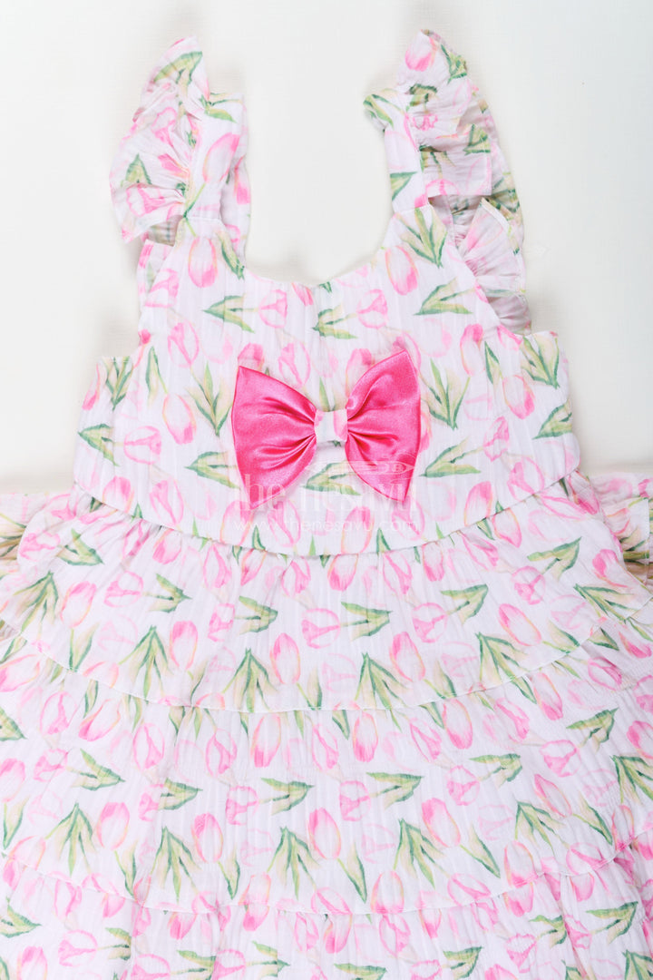 The Nesavu Baby Cotton Frocks Girls Pink Casual Frock Dress with Floral Digital Print and Front Bow in Chiffon for Baby Wear Nesavu Girls Pink Chiffon Casual Frock Dress Floral Digital Print Satin Bow | The Nesavu
