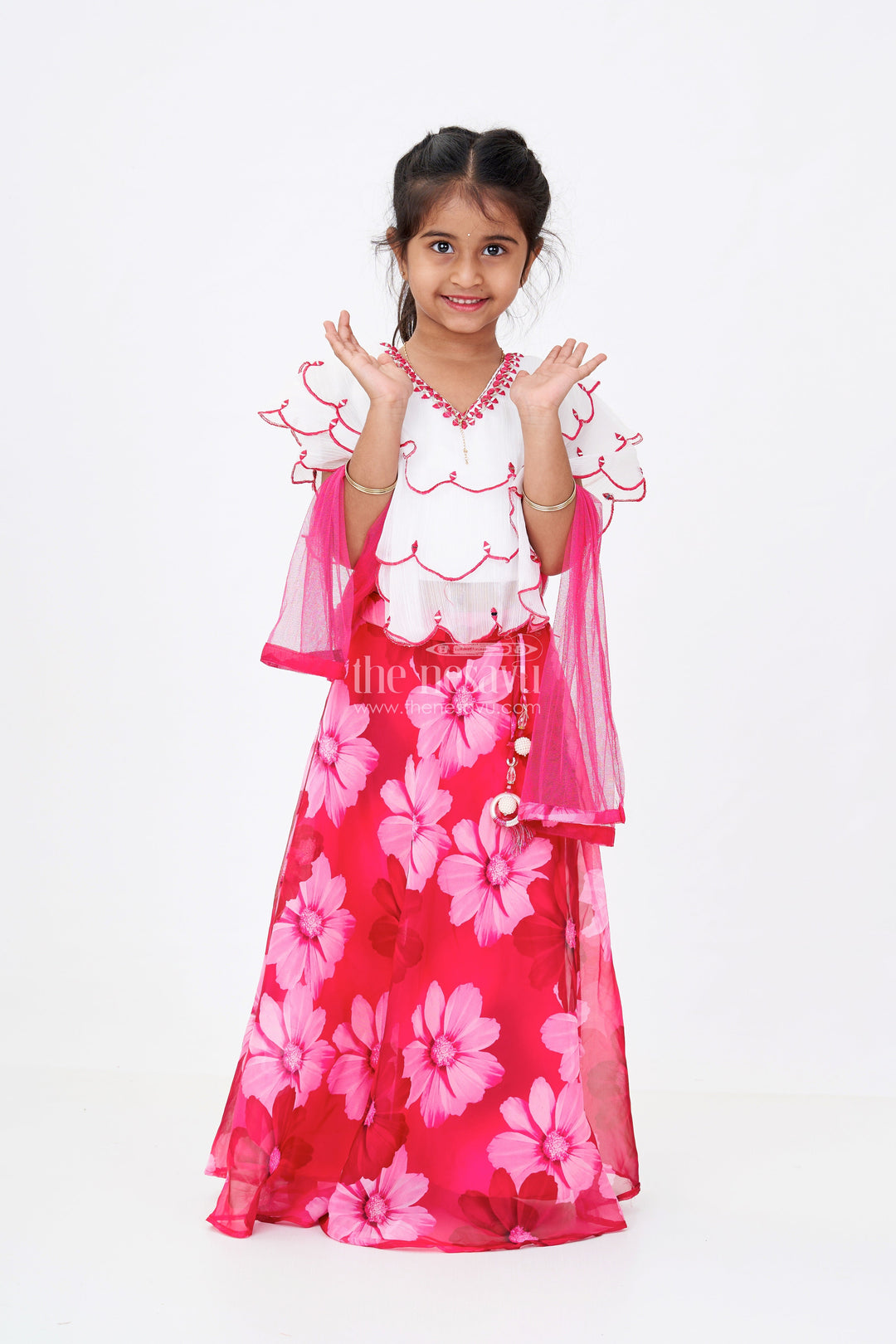 The Nesavu Girls Lehenga Choli Girls Pink Choli for Lehenga with Floral Organza Print and Scallop Cut Embroidery Nesavu 16 (1Y) / Pink GL585A-16 Girls Pink Choli Lehenga Floral Organza Print Embroidered Blouse | The Nesavu