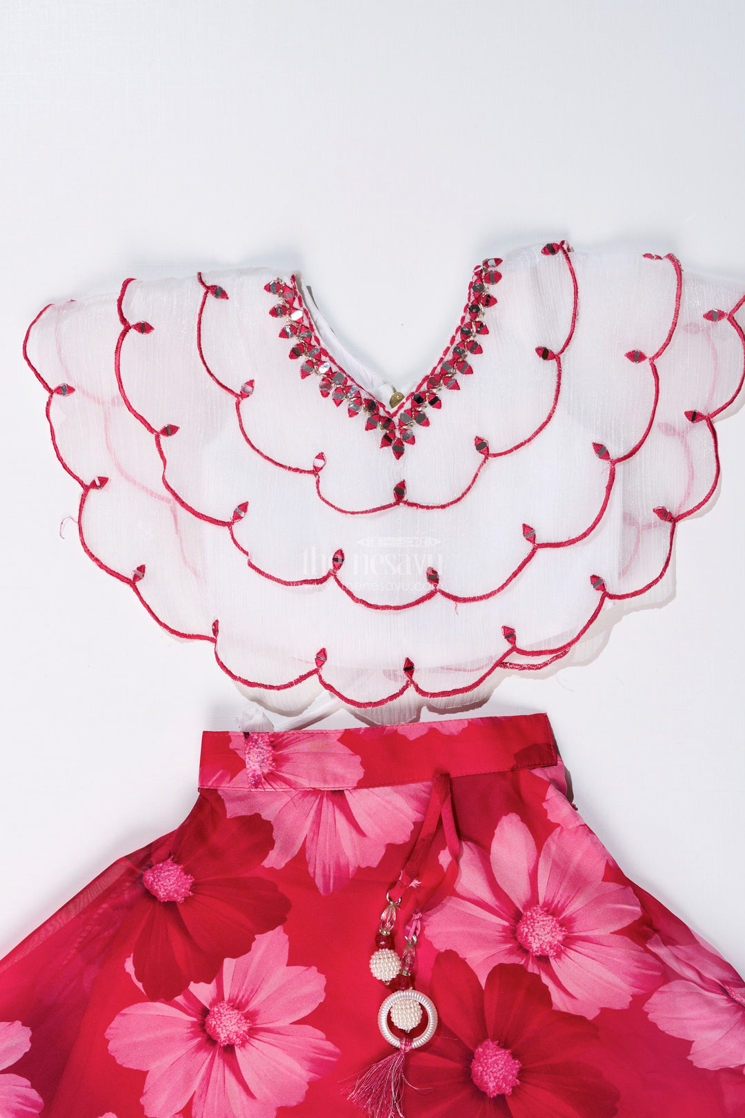The Nesavu Girls Lehenga Choli Girls Pink Choli for Lehenga with Floral Organza Print and Scallop Cut Embroidery Nesavu Girls Pink Choli Lehenga Floral Organza Print Embroidered Blouse | The Nesavu
