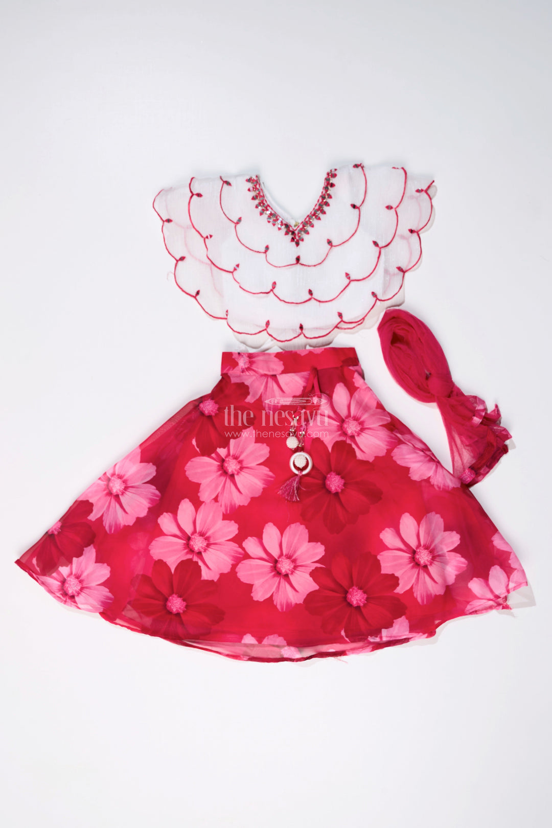 The Nesavu Girls Lehenga Choli Girls Pink Choli for Lehenga with Floral Organza Print and Scallop Cut Embroidery Nesavu Girls Pink Choli Lehenga Floral Organza Print Embroidered Blouse | The Nesavu