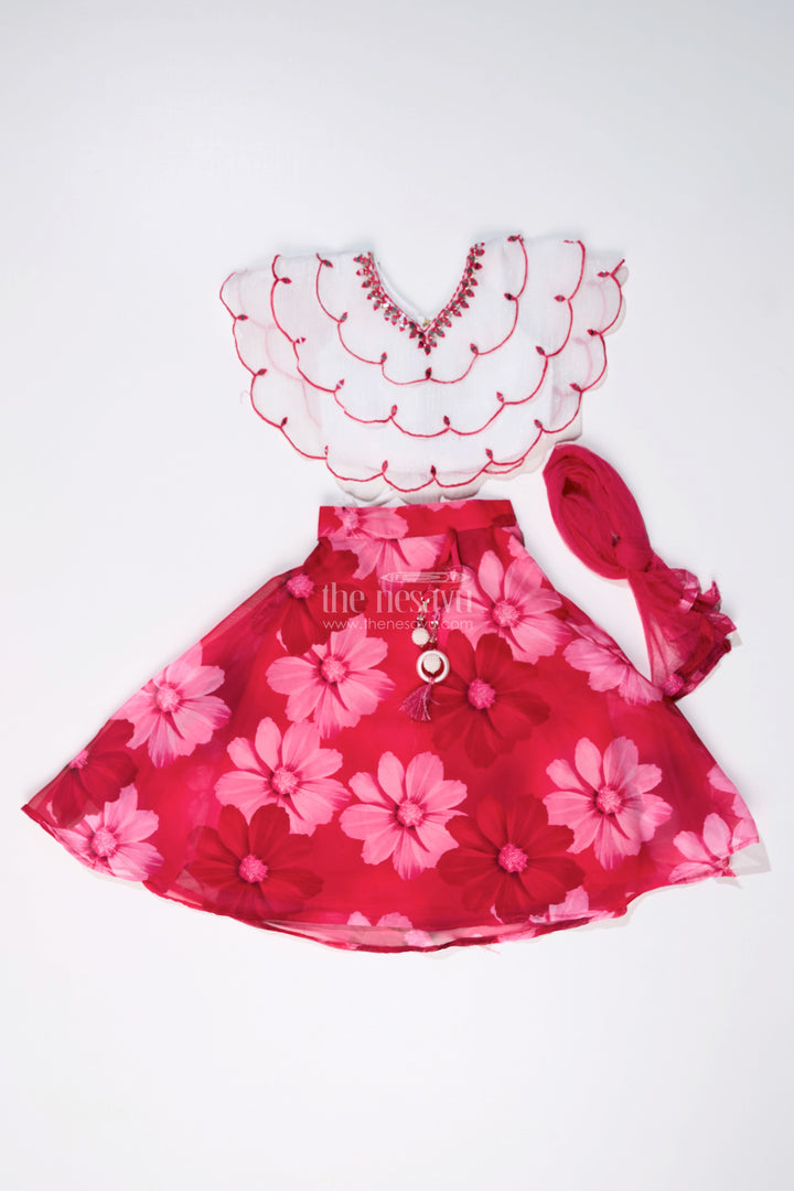 The Nesavu Girls Lehenga Choli Girls Pink Choli for Lehenga with Floral Organza Print and Scallop Cut Embroidery Nesavu Girls Pink Choli Lehenga Floral Organza Print Embroidered Blouse | The Nesavu