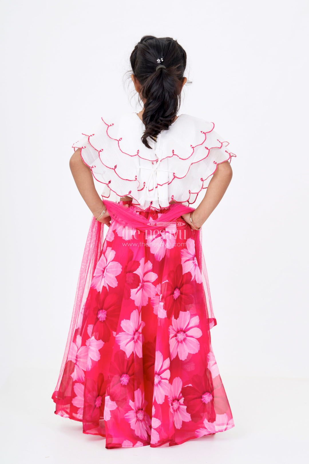 The Nesavu Girls Lehenga Choli Girls Pink Choli for Lehenga with Floral Organza Print and Scallop Cut Embroidery Nesavu Girls Pink Choli Lehenga Floral Organza Print Embroidered Blouse | The Nesavu