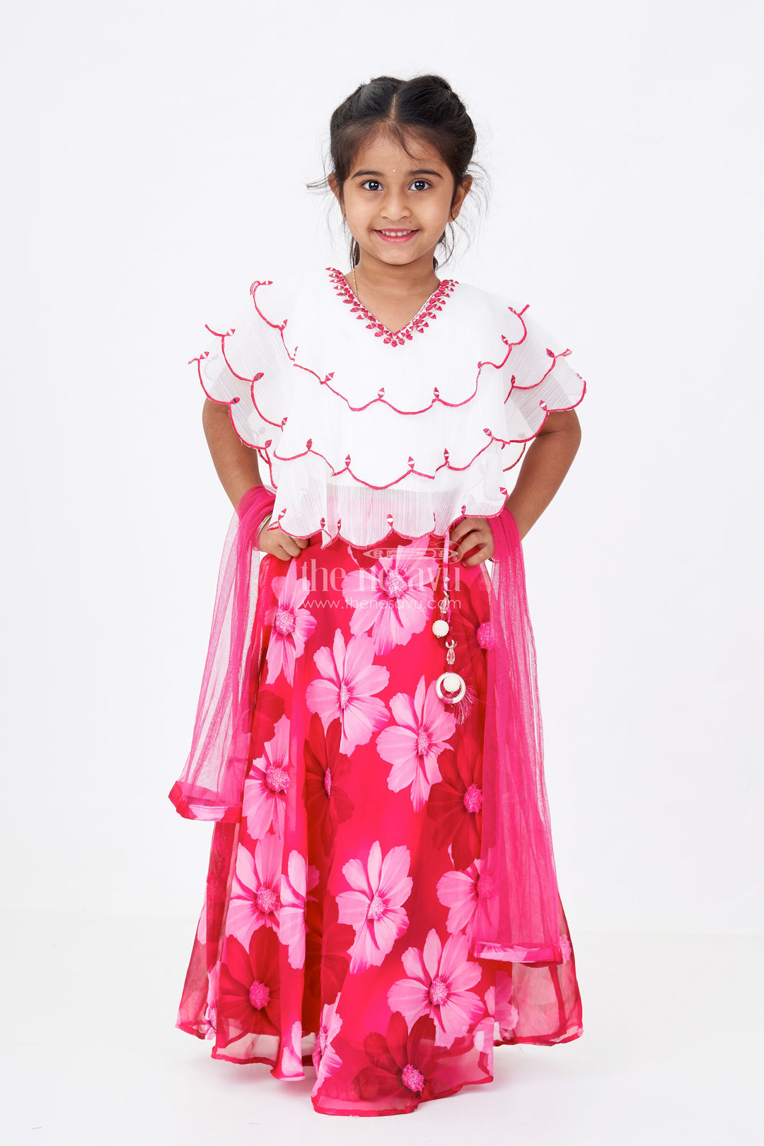 The Nesavu Girls Lehenga Choli Girls Pink Choli for Lehenga with Floral Organza Print and Scallop Cut Embroidery Nesavu Girls Pink Choli Lehenga Floral Organza Print Embroidered Blouse | The Nesavu