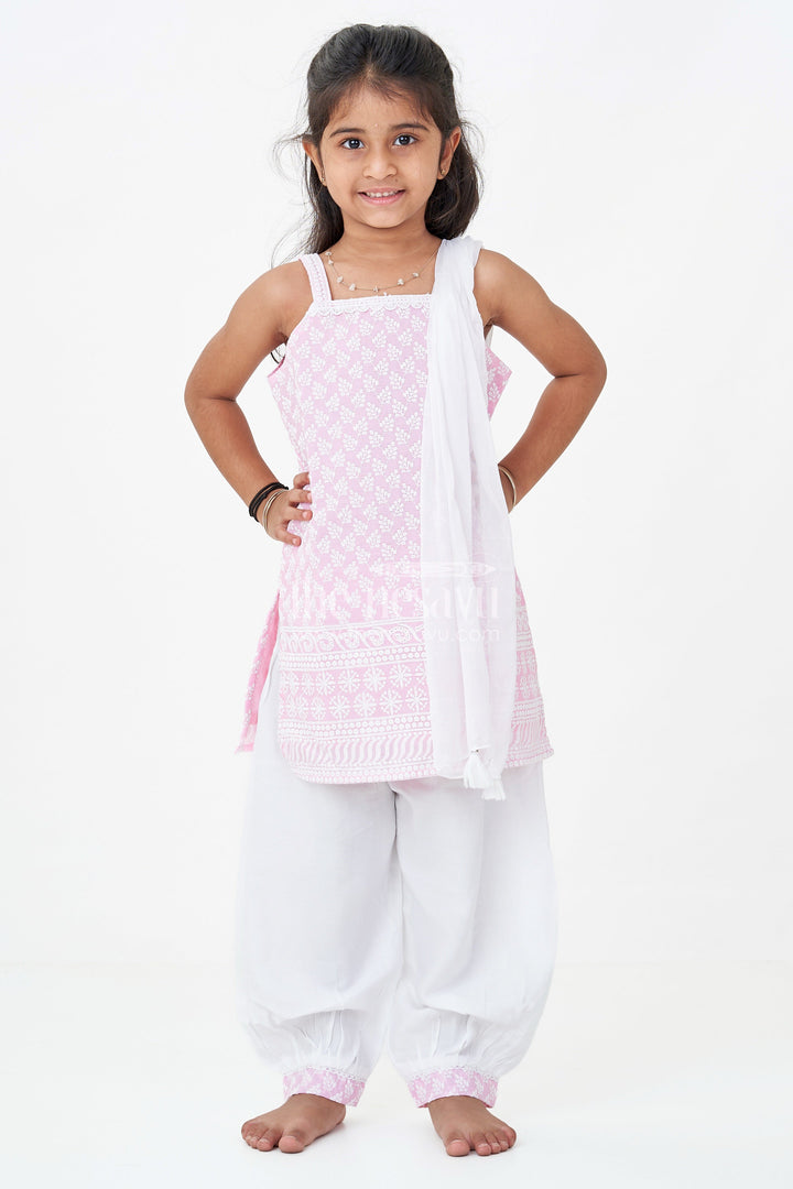 The Nesavu Girls Churidar Sets Girls Pink Colour Chudi Set in Cotton with Thread Embroidery Yoke and Elegant Dhoti Bottoms Nesavu Girls Pink Colour Chudi Set Cotton Embroidered Kurti Dhoti Pants Dupatta | The Nesavu