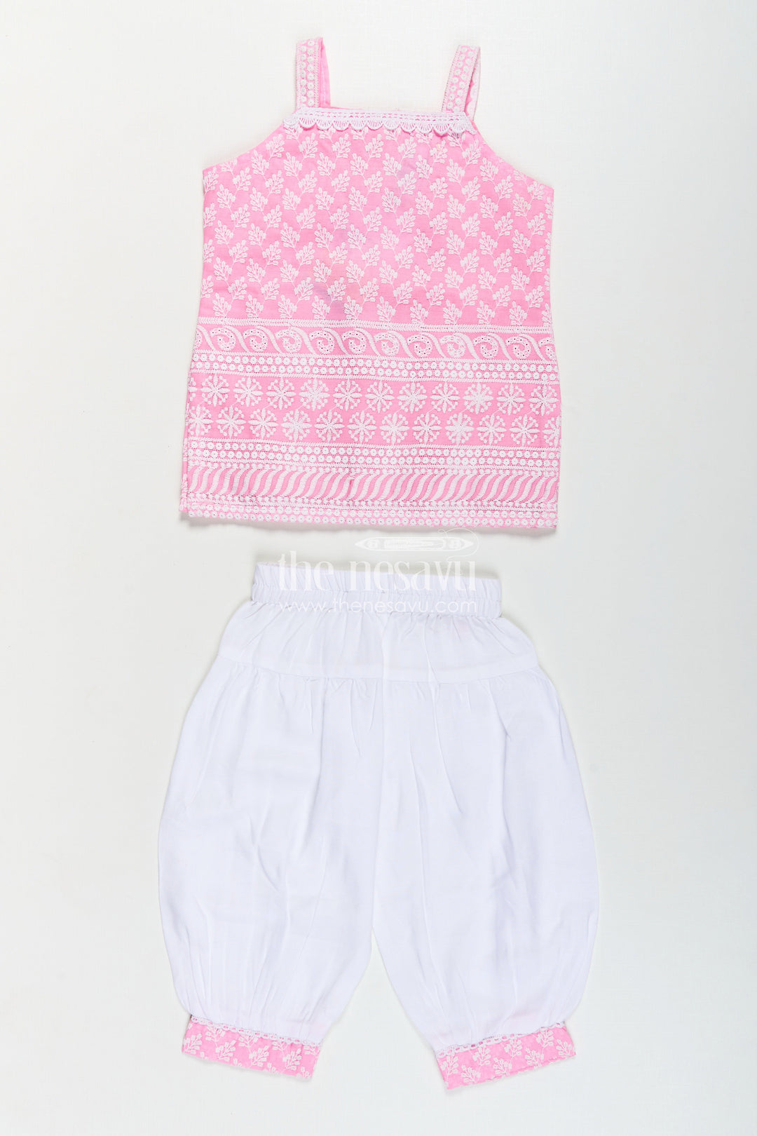 The Nesavu Girls Churidar Sets Girls Pink Colour Chudi Set in Cotton with Thread Embroidery Yoke and Elegant Dhoti Bottoms Nesavu Girls Pink Colour Chudi Set Cotton Embroidered Kurti Dhoti Pants Dupatta | The Nesavu