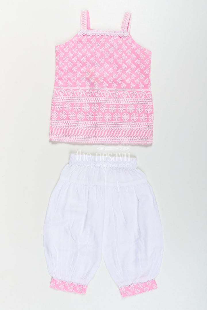 The Nesavu Girls Churidar Sets Girls Pink Colour Chudi Set in Cotton with Thread Embroidery Yoke and Elegant Dhoti Bottoms Nesavu Girls Pink Colour Chudi Set Cotton Embroidered Kurti Dhoti Pants Dupatta | The Nesavu