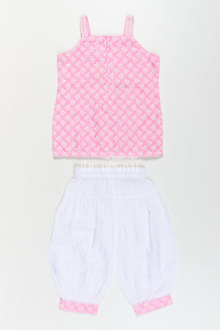 The Nesavu Girls Churidar Sets Girls Pink Colour Chudi Set in Cotton with Thread Embroidery Yoke and Elegant Dhoti Bottoms Nesavu Girls Pink Colour Chudi Set Cotton Embroidered Kurti Dhoti Pants Dupatta | The Nesavu