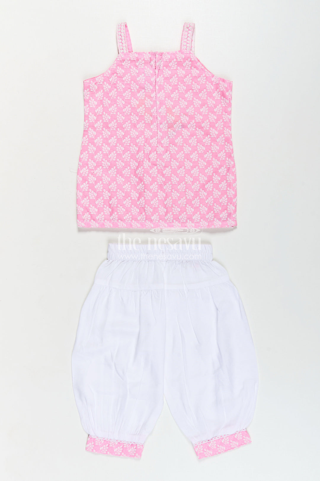 The Nesavu Girls Churidar Sets Girls Pink Colour Chudi Set in Cotton with Thread Embroidery Yoke and Elegant Dhoti Bottoms Nesavu Girls Pink Colour Chudi Set Cotton Embroidered Kurti Dhoti Pants Dupatta | The Nesavu