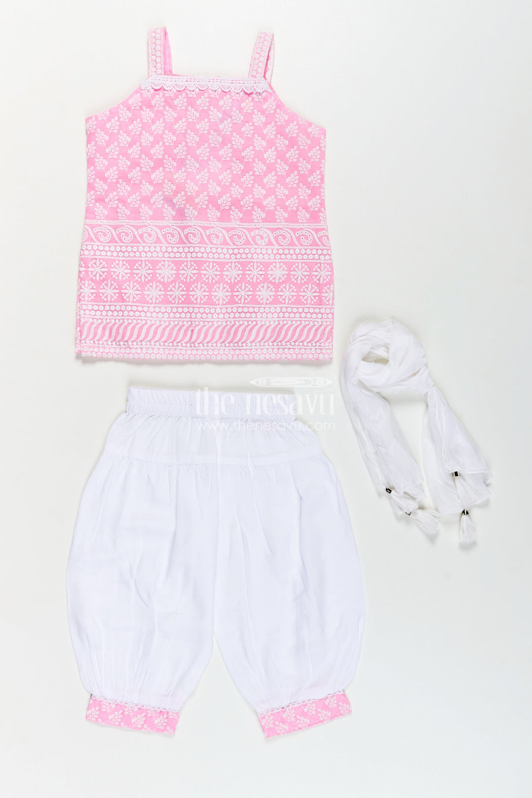 The Nesavu Girls Churidar Sets Girls Pink Colour Chudi Set in Cotton with Thread Embroidery Yoke and Elegant Dhoti Bottoms Nesavu Girls Pink Colour Chudi Set Cotton Embroidered Kurti Dhoti Pants Dupatta | The Nesavu