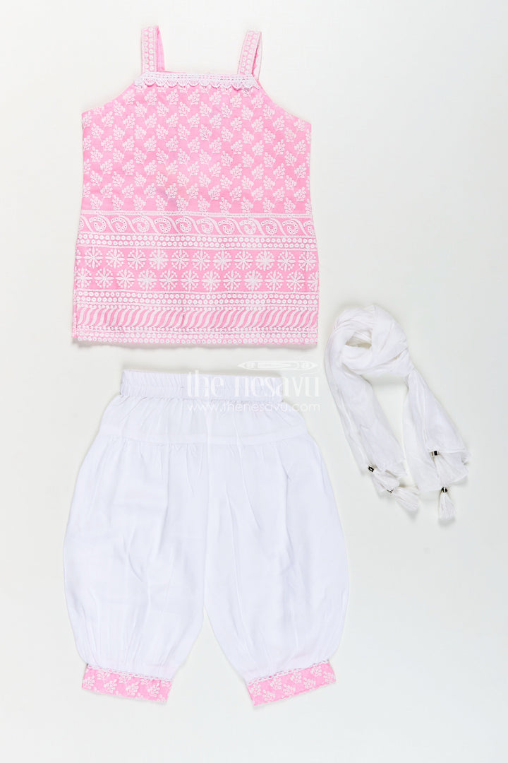 The Nesavu Girls Churidar Sets Girls Pink Colour Chudi Set in Cotton with Thread Embroidery Yoke and Elegant Dhoti Bottoms Nesavu Girls Pink Colour Chudi Set Cotton Embroidered Kurti Dhoti Pants Dupatta | The Nesavu