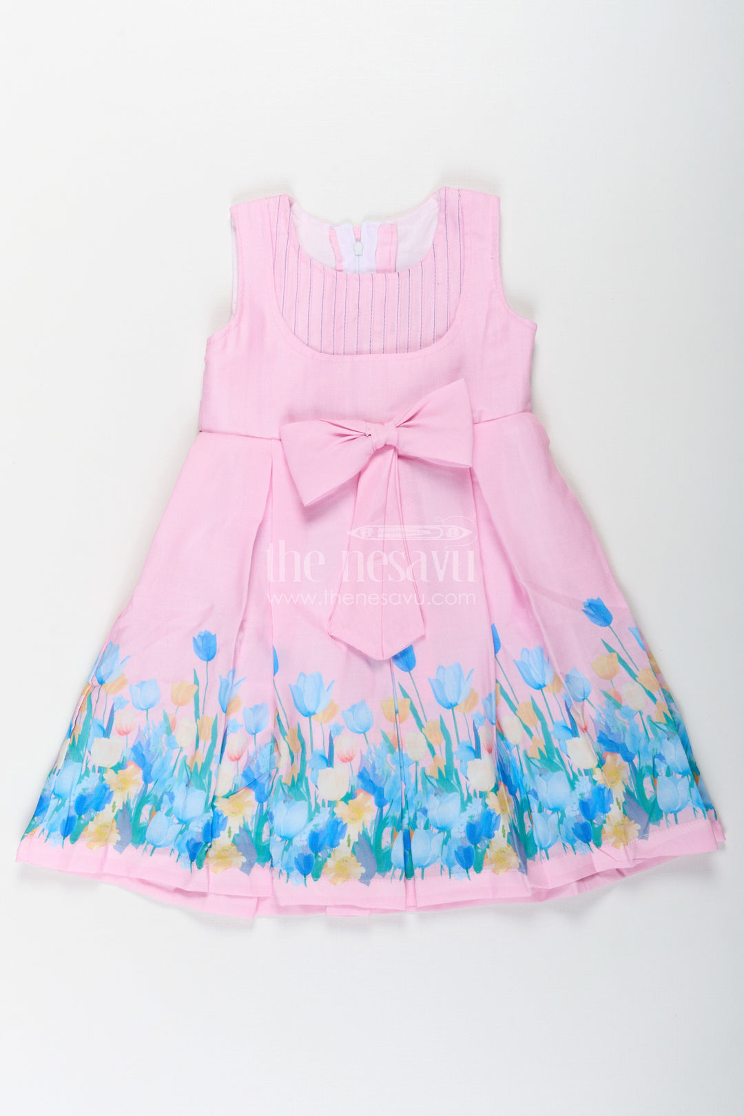 The Nesavu Girls Cotton Frock Girls Pink Colour Frock in Cotton Printed Fabric with Floral Border and Elegant Bow Nesavu 20 (3Y) / Pink GFC1657A-20 Girls Pink Colour Frock Cotton Printed Fabric Floral Border Waist Bow | The Nesavu