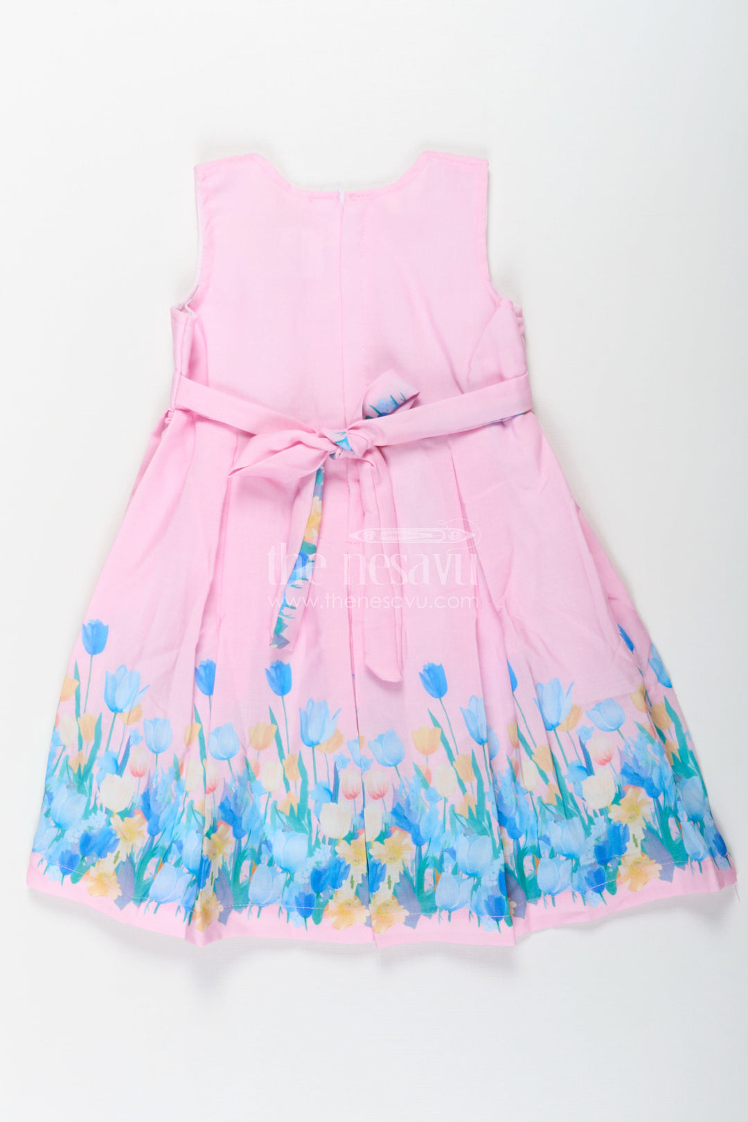 The Nesavu Girls Cotton Frock Girls Pink Colour Frock in Cotton Printed Fabric with Floral Border and Elegant Bow Nesavu Girls Pink Colour Frock Cotton Printed Fabric Floral Border Waist Bow | The Nesavu