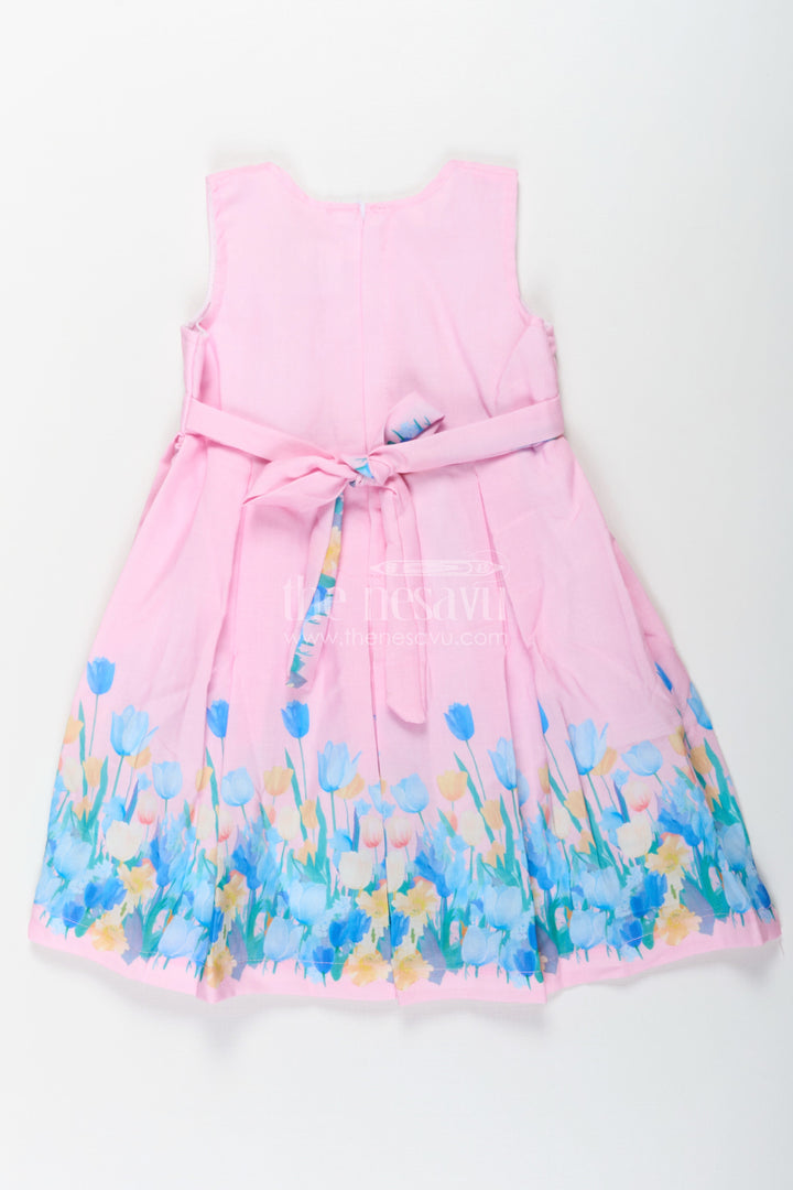 The Nesavu Girls Cotton Frock Girls Pink Colour Frock in Cotton Printed Fabric with Floral Border and Elegant Bow Nesavu Girls Pink Colour Frock Cotton Printed Fabric Floral Border Waist Bow | The Nesavu