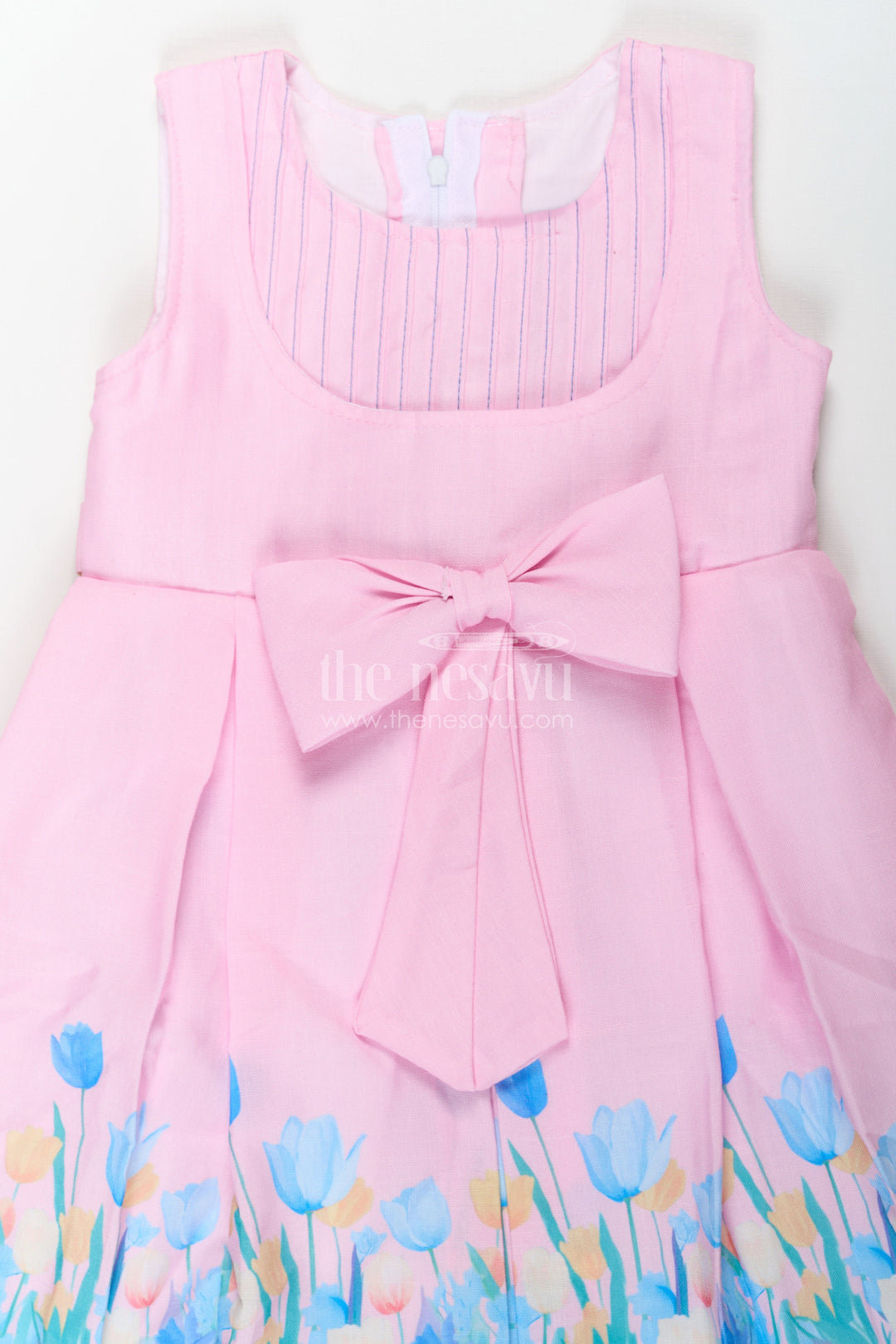 The Nesavu Girls Cotton Frock Girls Pink Colour Frock in Cotton Printed Fabric with Floral Border and Elegant Bow Nesavu Nesavu Girls Pink Colour Frock Cotton Printed Fabric Floral Border Waist Bow