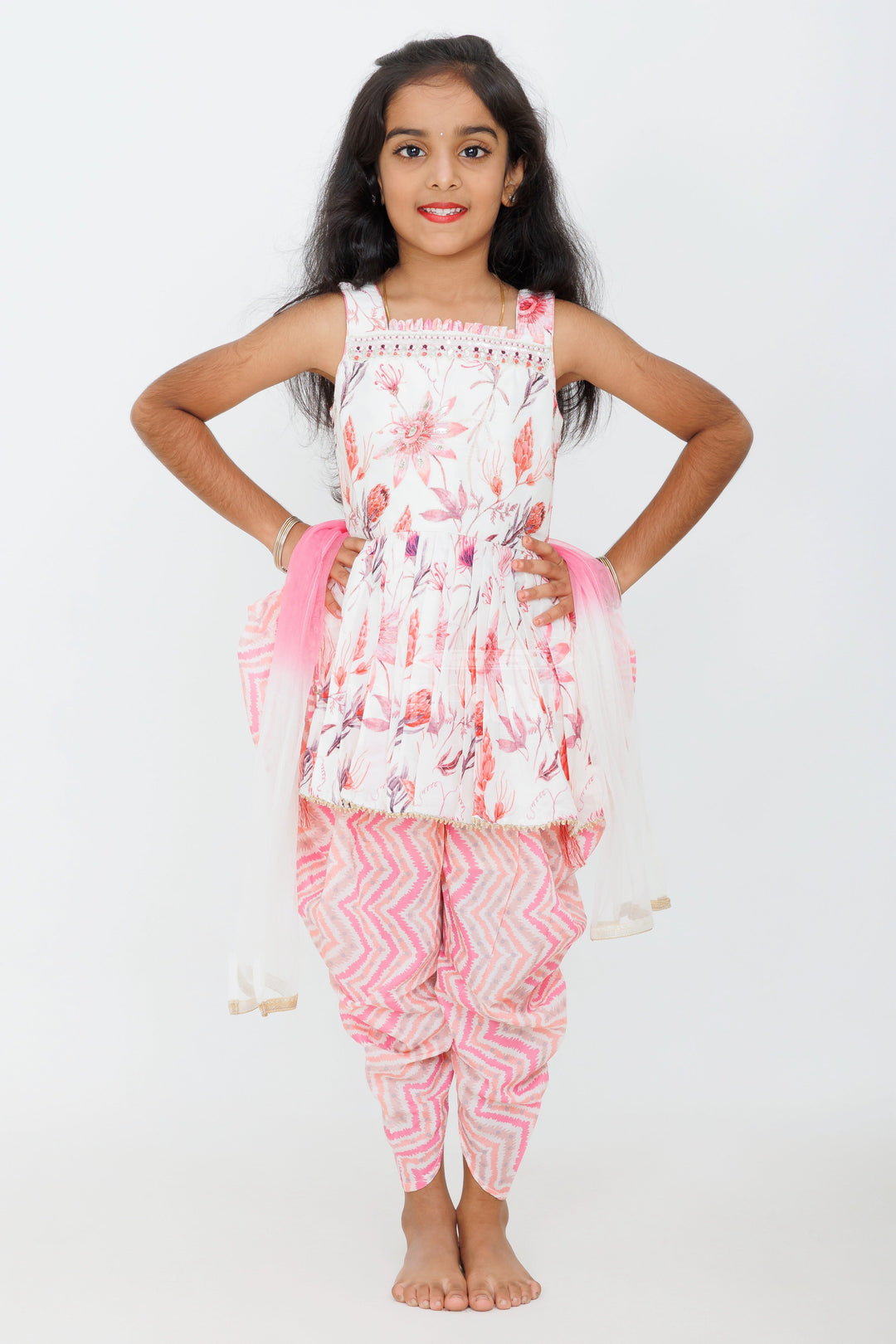 The Nesavu Girls Sharara / Plazo Set Girls Pink Cotton Blended Sleeveless Kurta with Zigzag Patiala and Ombre Dupatta Nesavu 16 (1Y) / Pink GPS454A-16 Nesavu Girls Pink Cotton Sleeveless Kurta Floral Prints Zigzag Patiala Ombre Dupatta