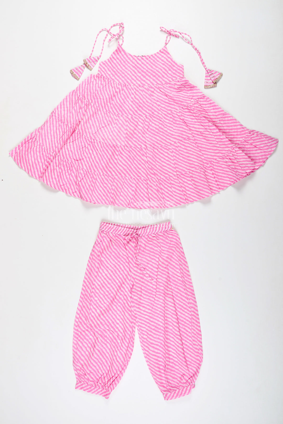 The Nesavu Girls Casual Set Girls Pink Cotton Casual Set with Striped Tiered Top and Pants Nesavu 24 (5Y) / Pink GPS713B-24 Nesavu Pink Striped Cotton Casual Set Girls Tiered Halter Top Matching Pants