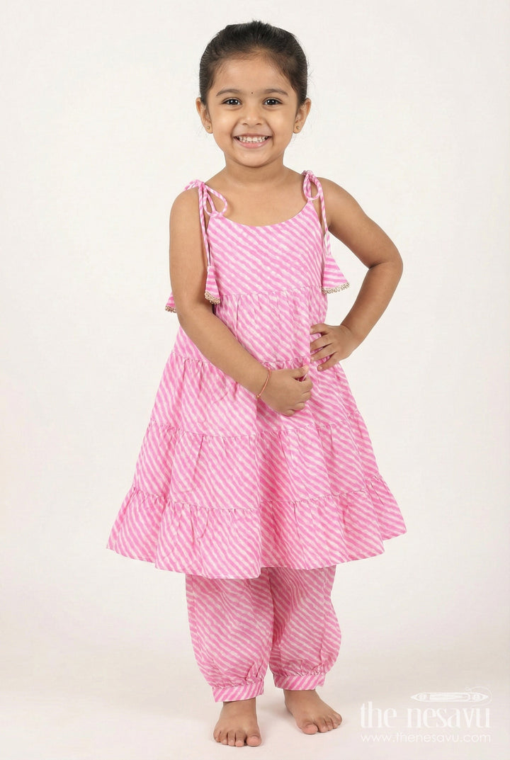 The Nesavu Girls Casual Set Girls Pink Cotton Casual Set with Striped Tiered Top and Pants Nesavu 24 (5Y) / Pink GPS713B-24 Nesavu Pink Striped Cotton Casual Set Girls Tiered Halter Top Matching Pants