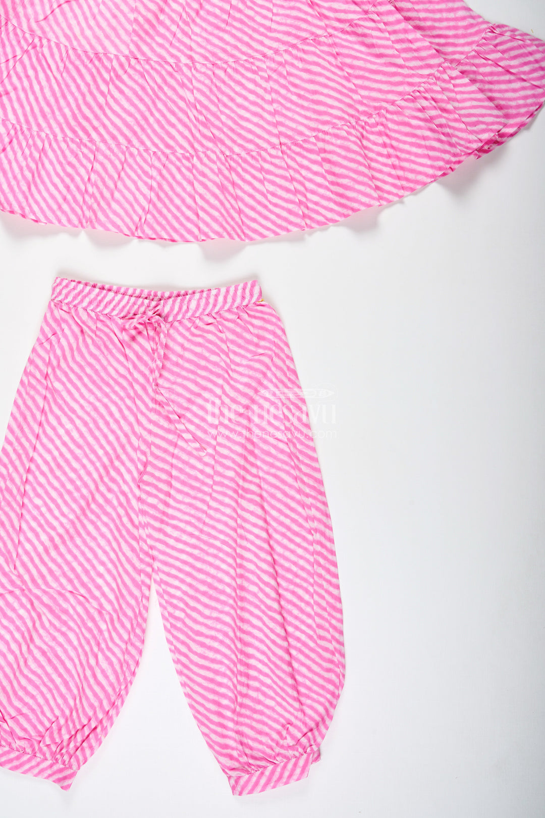 The Nesavu Girls Casual Set Girls Pink Cotton Casual Set with Striped Tiered Top and Pants Nesavu Nesavu Pink Striped Cotton Casual Set Girls Tiered Halter Top Matching Pants