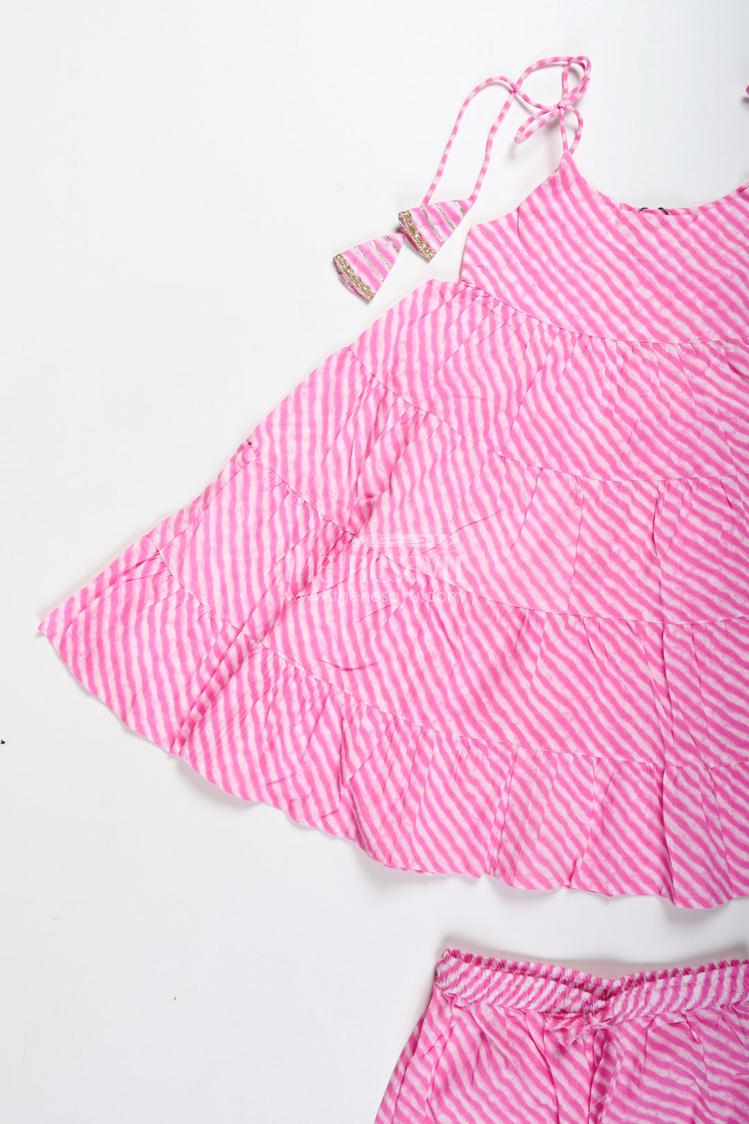 The Nesavu Girls Casual Set Girls Pink Cotton Casual Set with Striped Tiered Top and Pants Nesavu Nesavu Pink Striped Cotton Casual Set Girls Tiered Halter Top Matching Pants