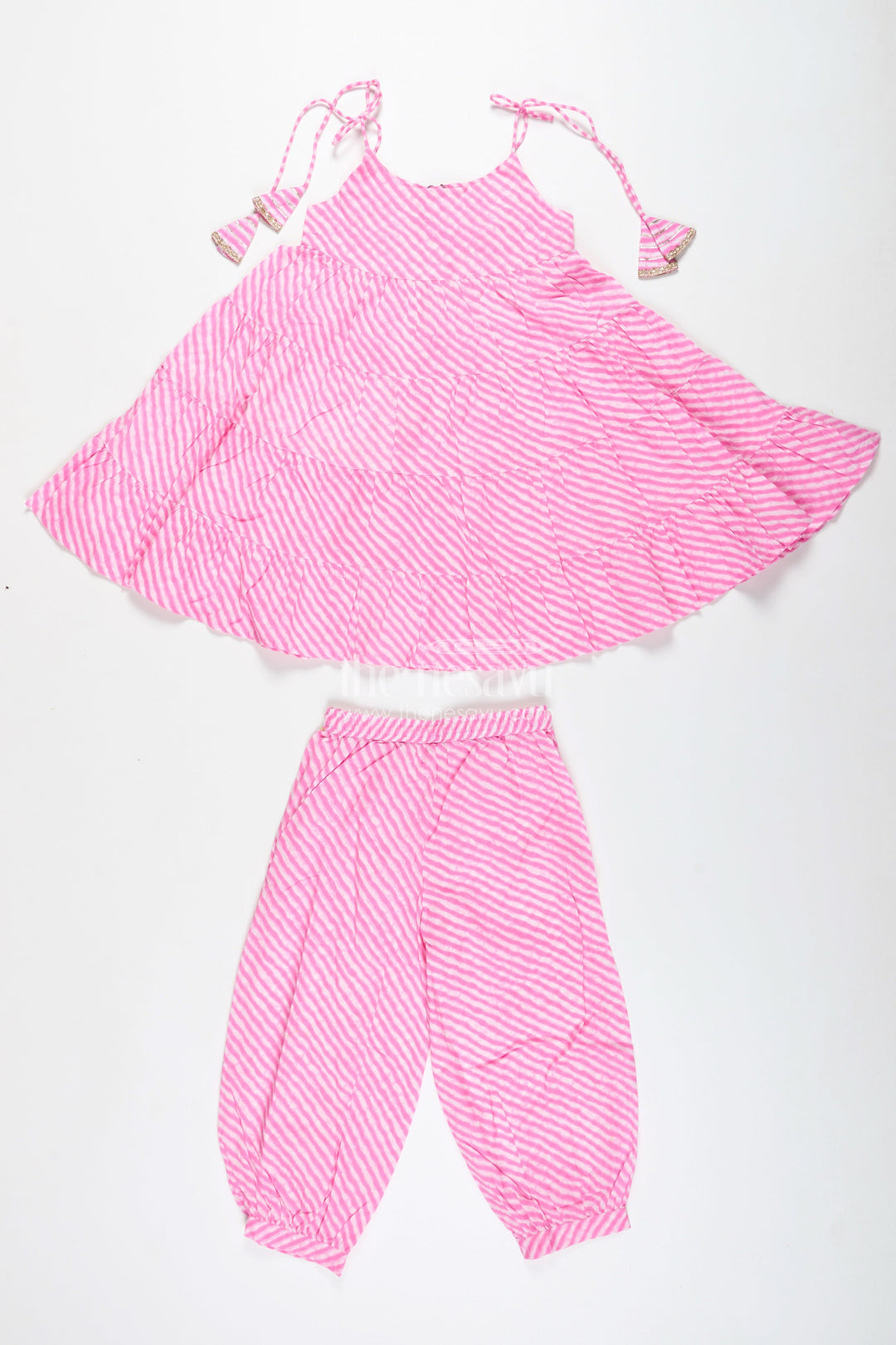 The Nesavu Girls Casual Set Girls Pink Cotton Casual Set with Striped Tiered Top and Pants Nesavu Nesavu Pink Striped Cotton Casual Set Girls Tiered Halter Top Matching Pants