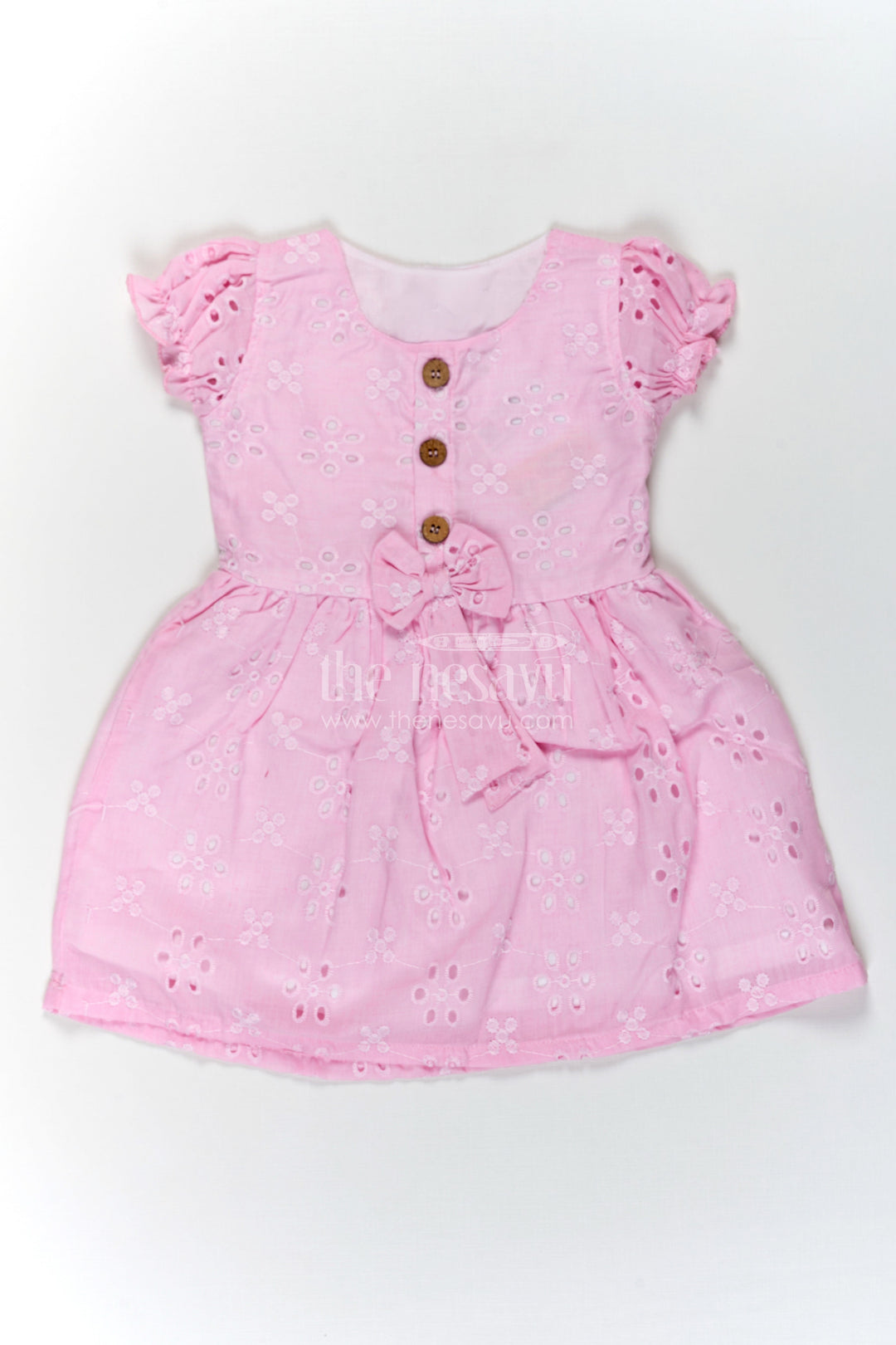 The Nesavu Girls Cotton Frock Girls Pink Cotton Dress with Hakoba Floral Embroidery and Puff Sleeves for Everyday Wear Nesavu 18 (2Y) / Pink GFC1714B-18 Pink Cotton Dress for Girls with Hakoba Embroidery and Bow Belt for Everyday Comfort | The Nesavu