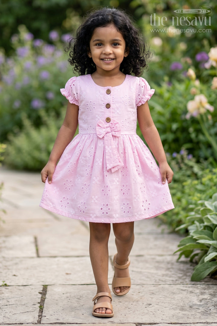 The Nesavu Girls Cotton Frock Girls Pink Cotton Dress with Hakoba Floral Embroidery and Puff Sleeves for Everyday Wear Nesavu 18 (2Y) / Pink GFC1714B-18 Pink Cotton Dress for Girls with Hakoba Embroidery and Bow Belt for Everyday Comfort | The Nesavu
