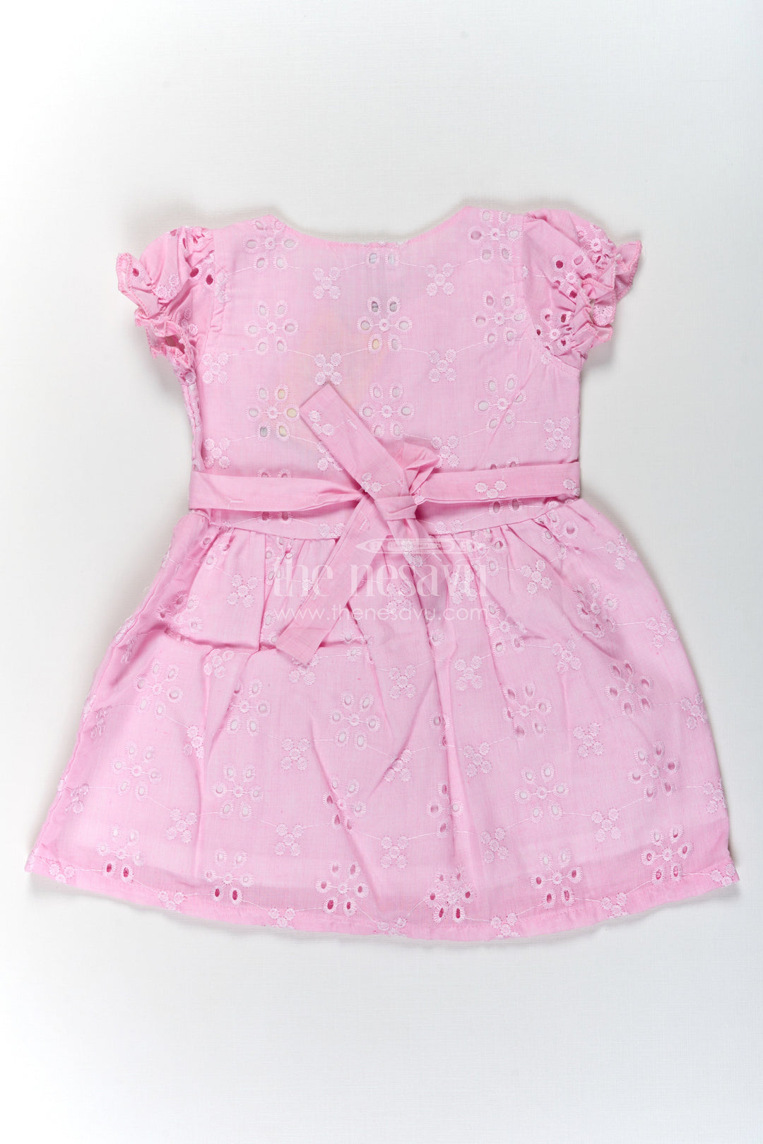 The Nesavu Girls Cotton Frock Girls Pink Cotton Dress with Hakoba Floral Embroidery and Puff Sleeves for Everyday Wear Nesavu Pink Cotton Dress for Girls with Hakoba Embroidery and Bow Belt for Everyday Comfort | The Nesavu