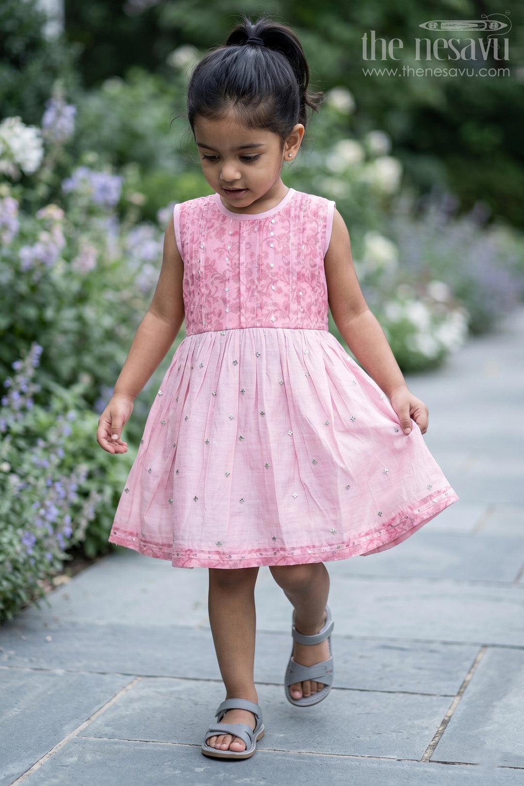 The Nesavu Girls Chanderi Frock Girls Pink Cotton Frock with Embroidery and Chanderi Fabric for Elegant Festive Wear Nesavu 16 (1Y) / Pink GFC995B-16 Girls Pink Cotton Frock Chanderi Fabric Embroidery Print Festive Wear | The Nesavu
