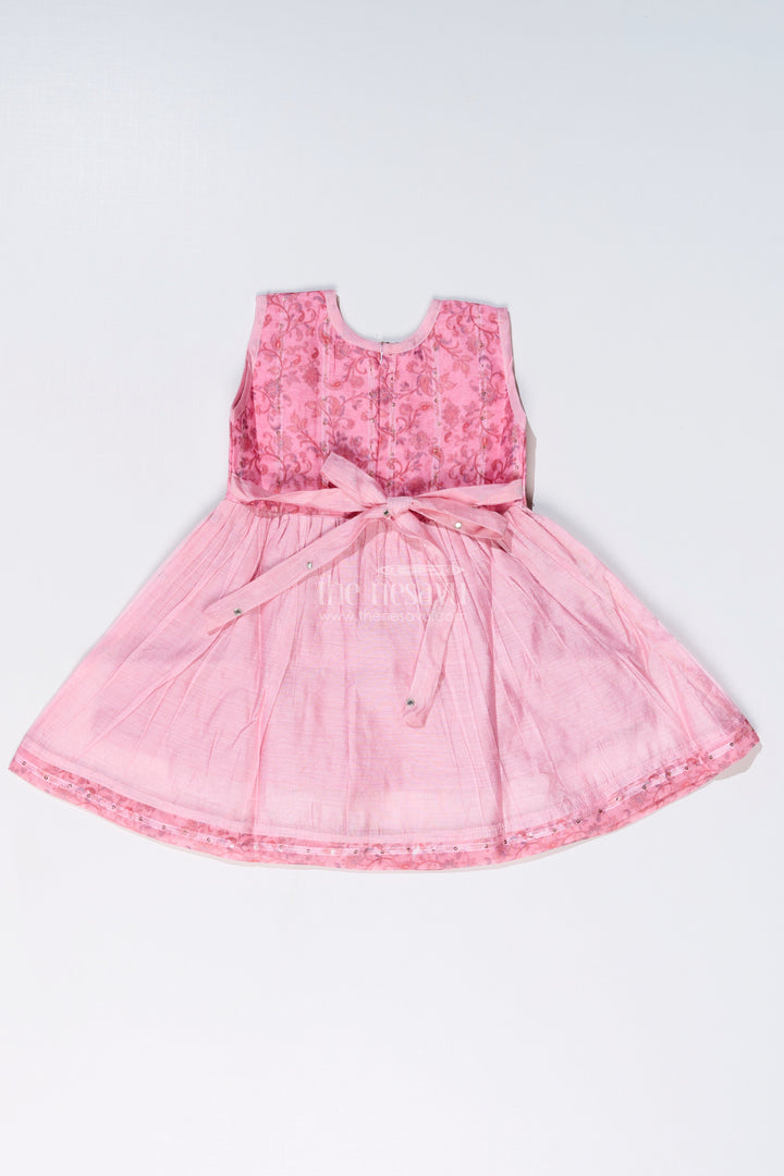 The Nesavu Girls Chanderi Frock Girls Pink Cotton Frock with Embroidery and Chanderi Fabric for Elegant Festive Wear Nesavu Girls Pink Cotton Frock Chanderi Fabric Embroidery Print Festive Wear | The Nesavu