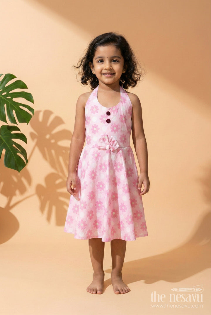 The Nesavu Girls Cotton Frock Girls Pink Cotton Frock with Polka Dot Floral Print for Playful Summer Days Nesavu 16 (1Y) / Pink GFC1888A-16 Nesavu Pink Cotton Frock Toddler Girls Sleeveless Polka Floral Dress Summer Fun