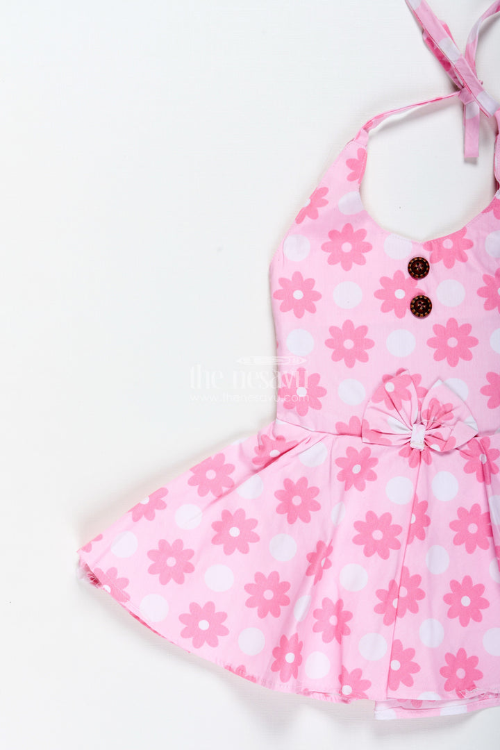 The Nesavu Girls Cotton Frock Girls Pink Cotton Frock with Polka Dot Floral Print for Playful Summer Days Nesavu Nesavu Pink Cotton Frock Toddler Girls Sleeveless Polka Floral Dress Summer Fun