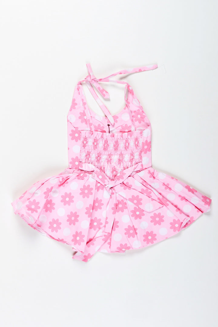 The Nesavu Girls Cotton Frock Girls Pink Cotton Frock with Polka Dot Floral Print for Playful Summer Days Nesavu Nesavu Pink Cotton Frock Toddler Girls Sleeveless Polka Floral Dress Summer Fun