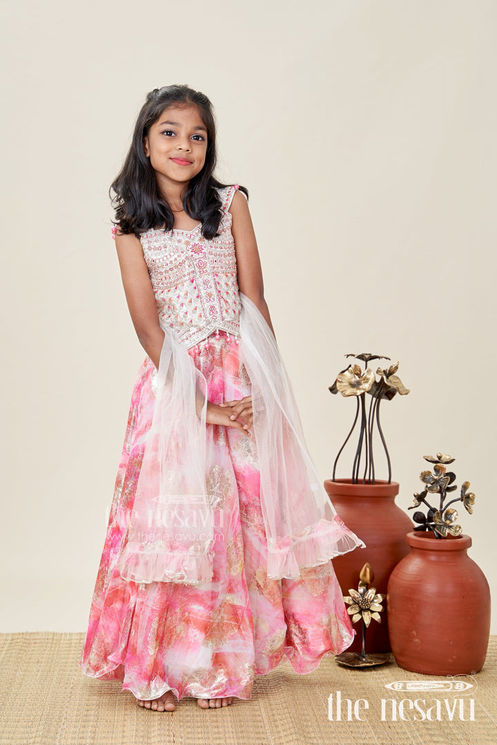 The Nesavu Girls Lehenga Choli Girls Pink Designer Lehenga Choli with Pearl Embellished Blouse Nesavu 16 (1Y) / Multicolor GL785A-16 Nesavu Pink Designer Lehenga Choli Pearl Blouse Foil Print Skirt Festive Occasions