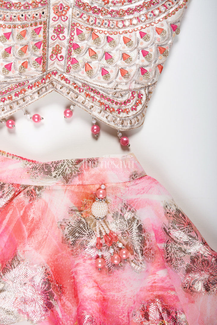 The Nesavu Girls Lehenga Choli Girls Pink Designer Lehenga Choli with Pearl Embellished Blouse Nesavu Nesavu Pink Designer Lehenga Choli Pearl Blouse Foil Print Skirt Festive Occasions
