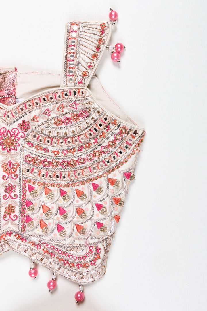 The Nesavu Girls Lehenga Choli Girls Pink Designer Lehenga Choli with Pearl Embellished Blouse Nesavu Nesavu Pink Designer Lehenga Choli Pearl Blouse Foil Print Skirt Festive Occasions