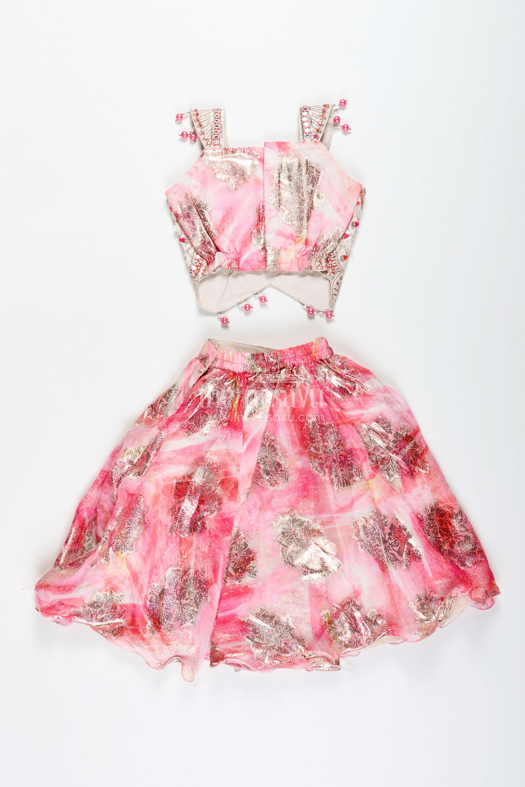 The Nesavu Girls Lehenga Choli Girls Pink Designer Lehenga Choli with Pearl Embellished Blouse Nesavu Nesavu Pink Designer Lehenga Choli Pearl Blouse Foil Print Skirt Festive Occasions